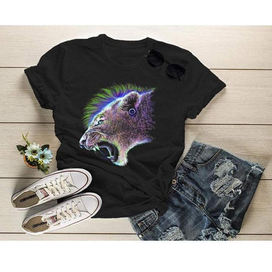 Women’s Grunge T Shirt Lion Shirt Mountain Lions Graphic Tee Artistic Shirts Mohawk Punk