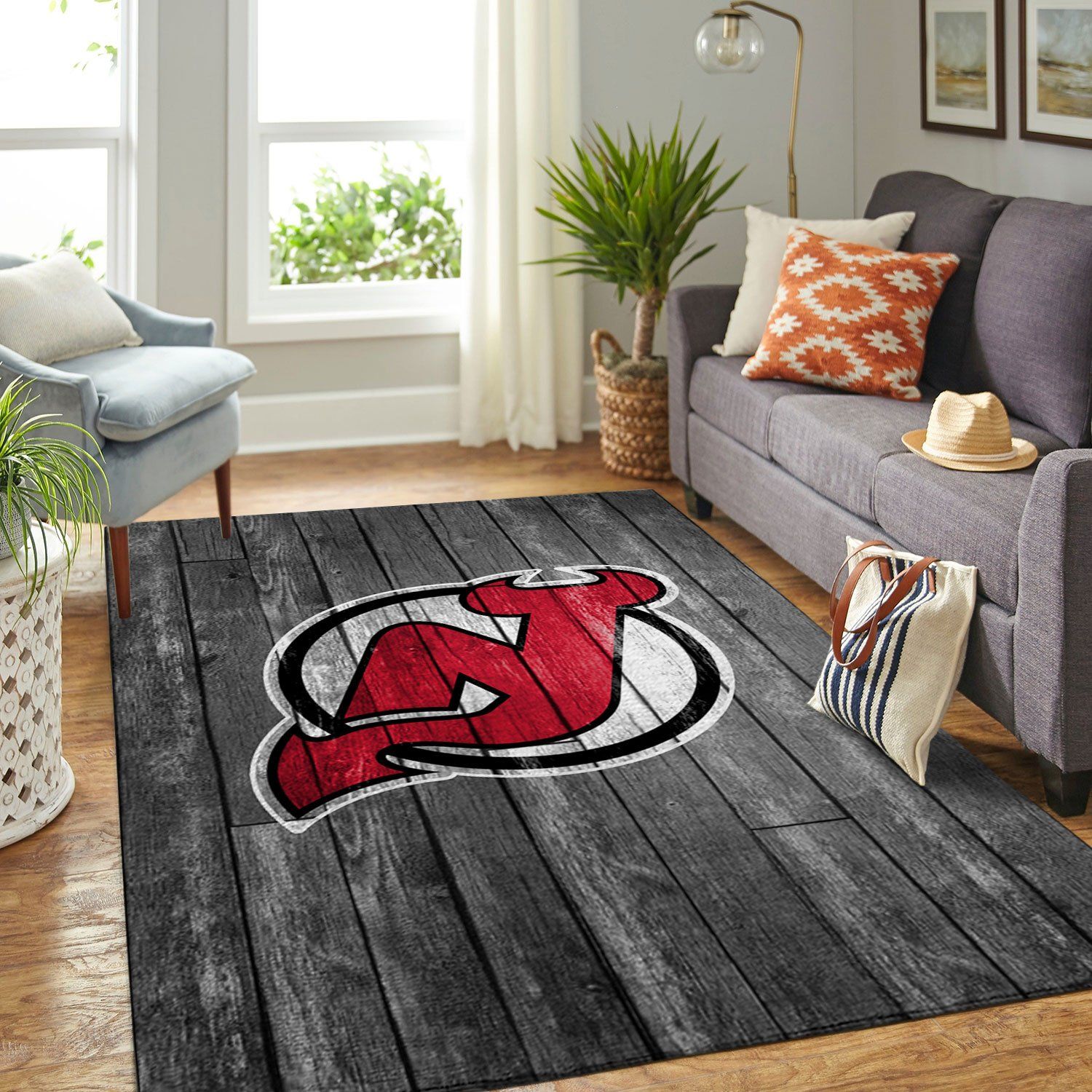 New Jersey Devils Team Logo Grey Wooden Style Nice Gift Home Decor Rectangle Area Rug