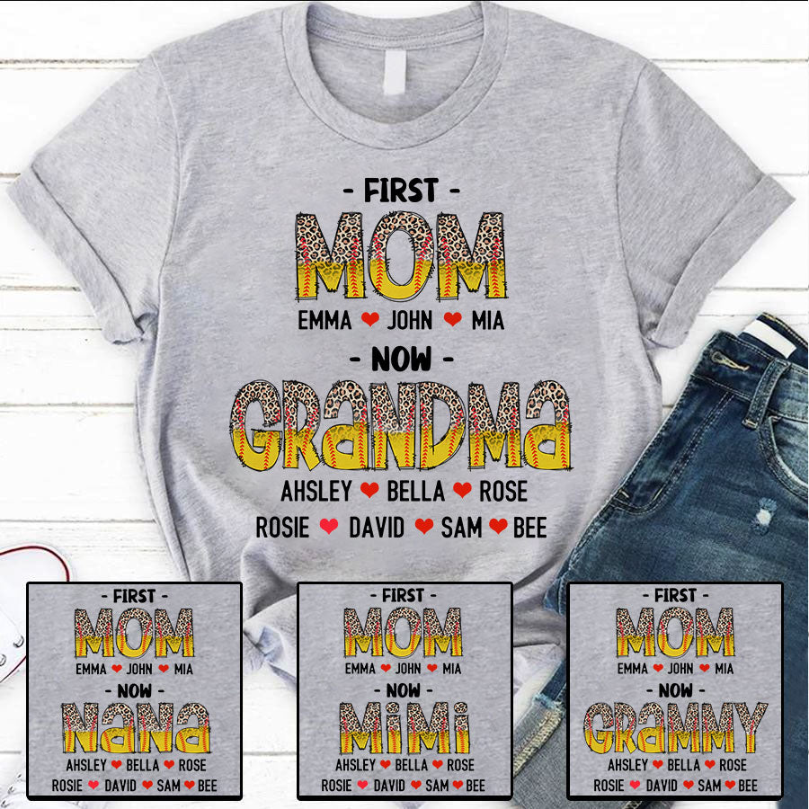 First Mom Now Grandma Leopard Ball Stitching T-Shirt