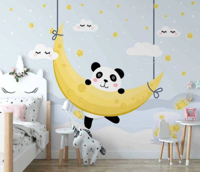 3D Cartoon Sky Cloud Moon Star Panda Animal Wall Mural Wallpaper Lxl