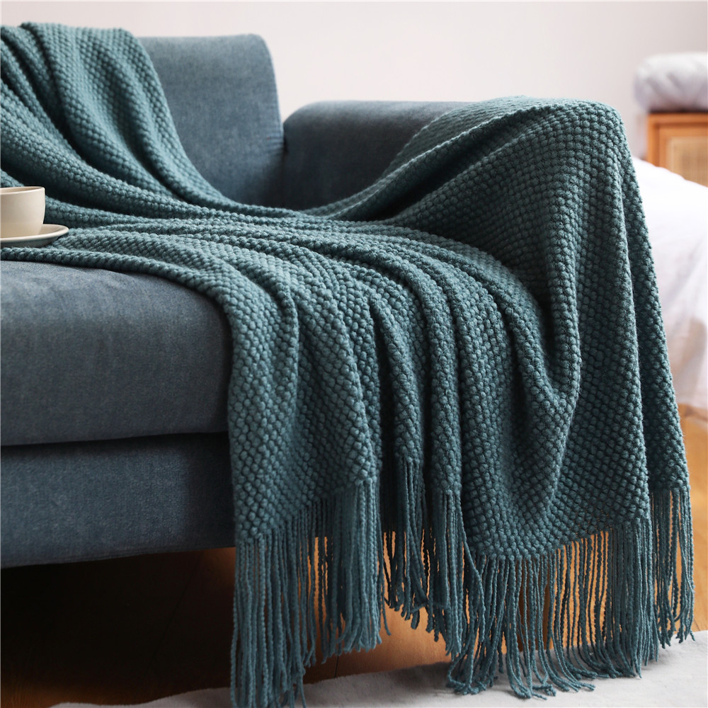 Textile City Home Decorative Thickened Knitted Blanket Corn Grain Waffle Embossed Winter Warm Tassels Throw Bedspread 130x240cm alx