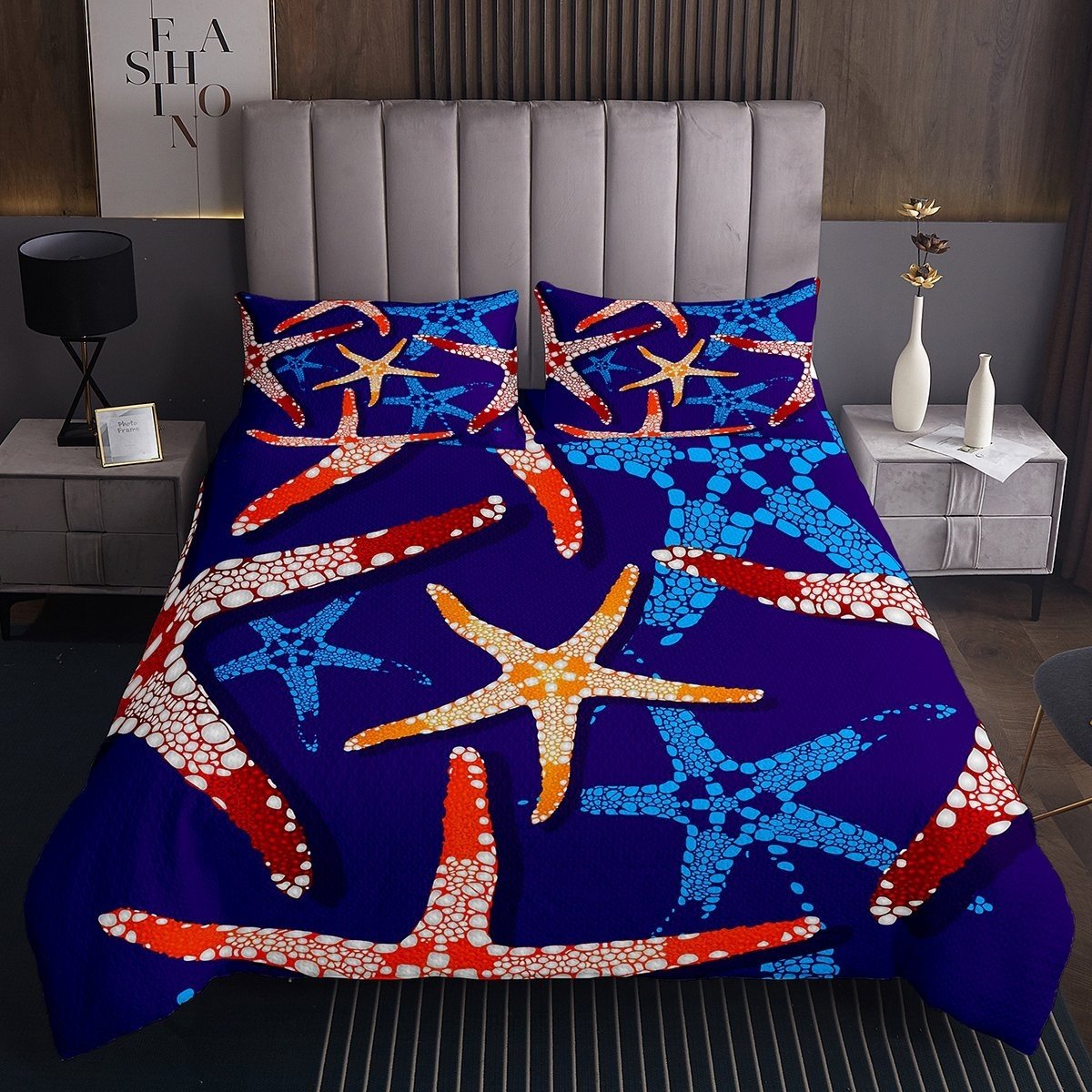 Starfish Coverlet Set For Kids Boys Girls Ocean Animal Quilt Hawaiian Beach Theme Bedspread Cartoon Marine Life Daybed Bedroom D¨¦cor  Blue Red