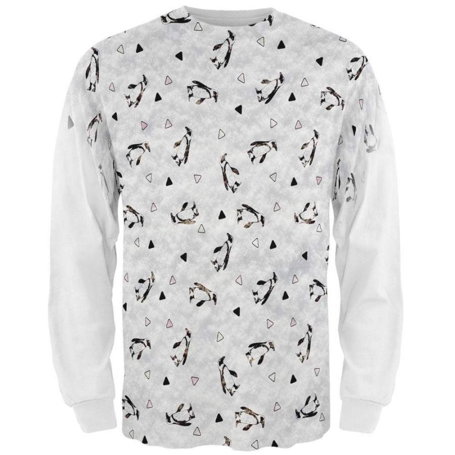 Retro Penguin Pattern All Over Mens Long Sleeve T Shirt