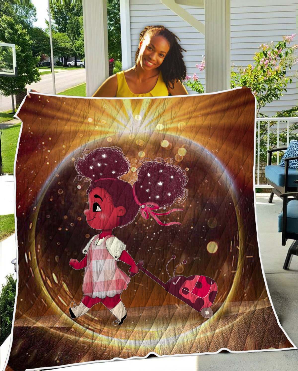 African American Cute Daughter – Back To School Afro Balloon Girl Quilt Blanket