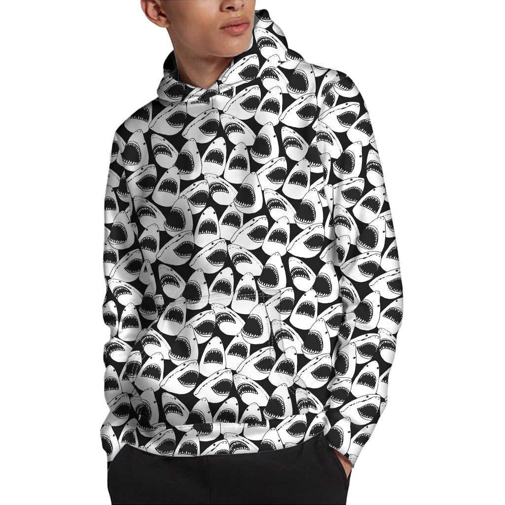 White And Grey Shark Pattern Print Pullover Hoodie