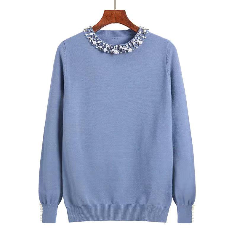 2022 New Spring And Autumn Handmade Bead Round Neck Knitted Sweater Women’s Long Sleeve Temperament Thin Top alx