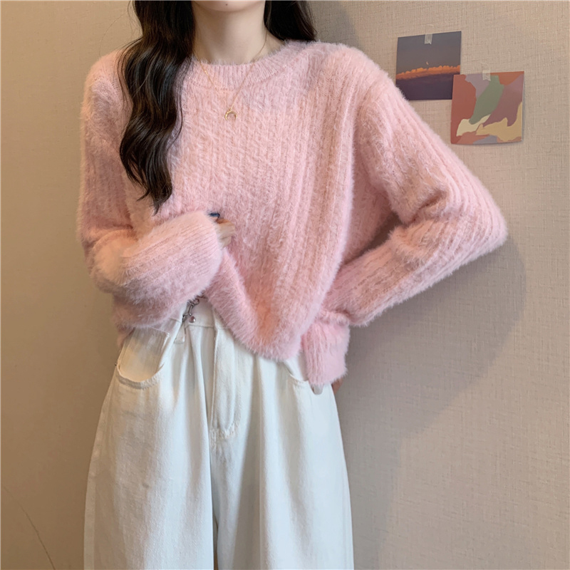 Y2K Cropped Sweater Pink Furry Solid Korean Fashion Pullover Knitted Sweaters Autumn Winter Long Sleeve Harajuku Jumper Sweater alx