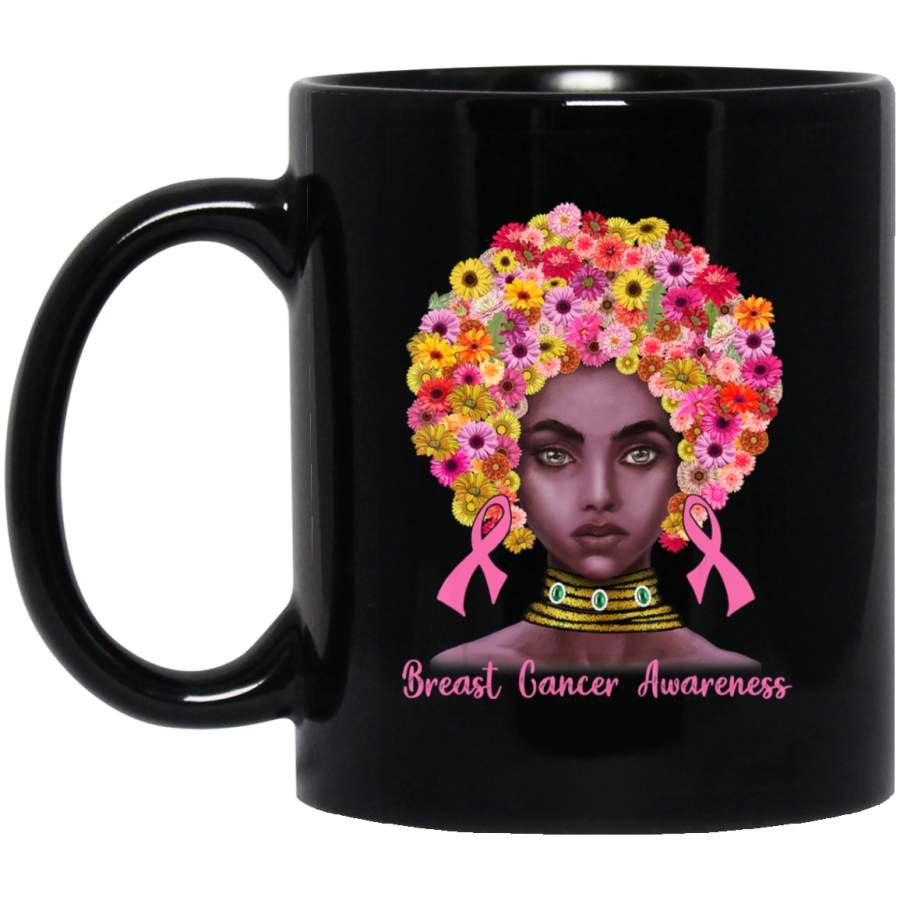 Pink Ribbon Afro Flowers Hair Black Queen Breast Cancer Coffee Mug