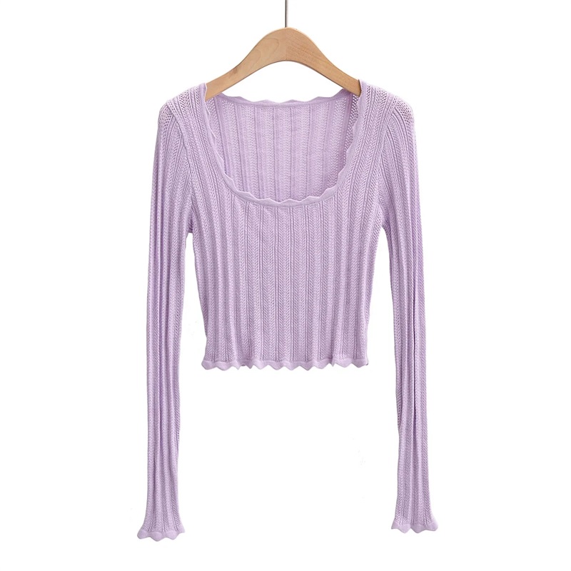 Women Scoop Neck Open Stitch Jumper In Fine Knit Rib With Wave Trim Sexy Crop Knit Top alx