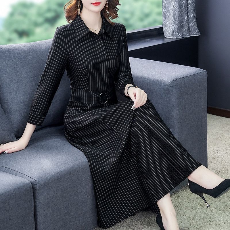 Spring Striped Shirt Dress Women Plus Size 4XL Elegant Slim Long Sleeve Party Dress Office Lady Fashion Vintage A-Line Dresses alx