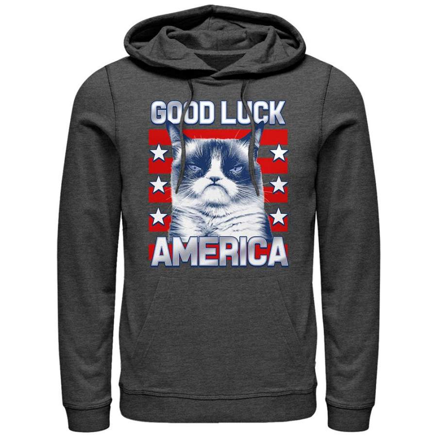 Grumpy Cat Men’s Election Good Luck America  Lightweight Hoodie Charcoal Heather S