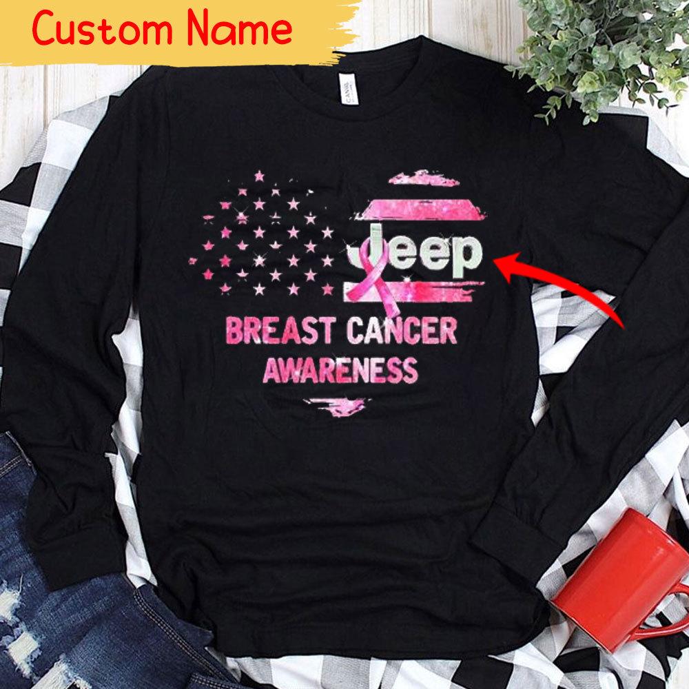 Personalized Breast Cancer Shirts With American Flag Heart, Custom Name