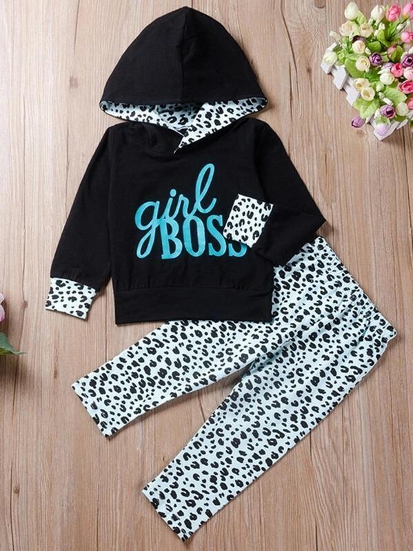 Toddler Girls Letter Graphic Sweatshirt With Leopard Print Pants