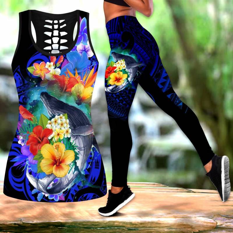 Ligerking™Polynesian Kanaka Maoli Whale with Flowers Tank Top, Leggings 3D All Over Print HD04988