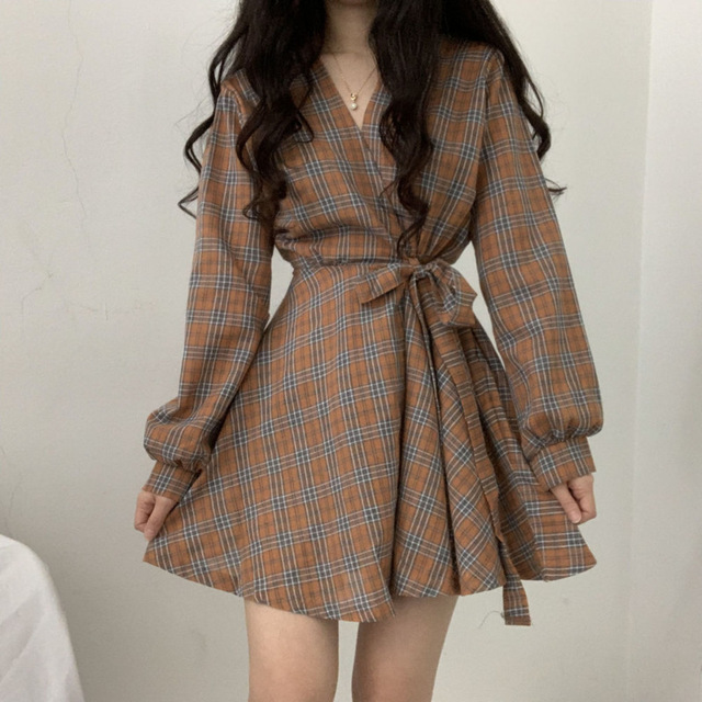 2021 New Autumn Long Sleeve Dress Women Preppy Style Bow Palid V-neck Mini Plaid Dresses Korean High Waist Short Dress Elegant alx