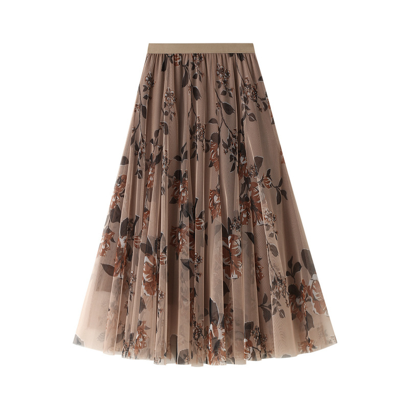 Vintage Floral Printed Tulle Skirt Women Spring Summer High Waist Fashion Elegant Pleated Skirts Female Mesh Midi Long Skirt alx