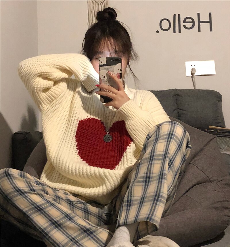 2021 Winter New Sweet Heart Pattern Sweater Retro Harajuku Style Full Sleeve Pullover Loose Knit Casual Sweater alx