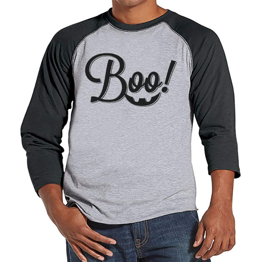 Men's Boo! Halloween Shirt - Adult Halloween Costumes - Funny Men's Shirt - Mens Costume Tshirt - Mens Grey Raglan Tee - Happy Halloween