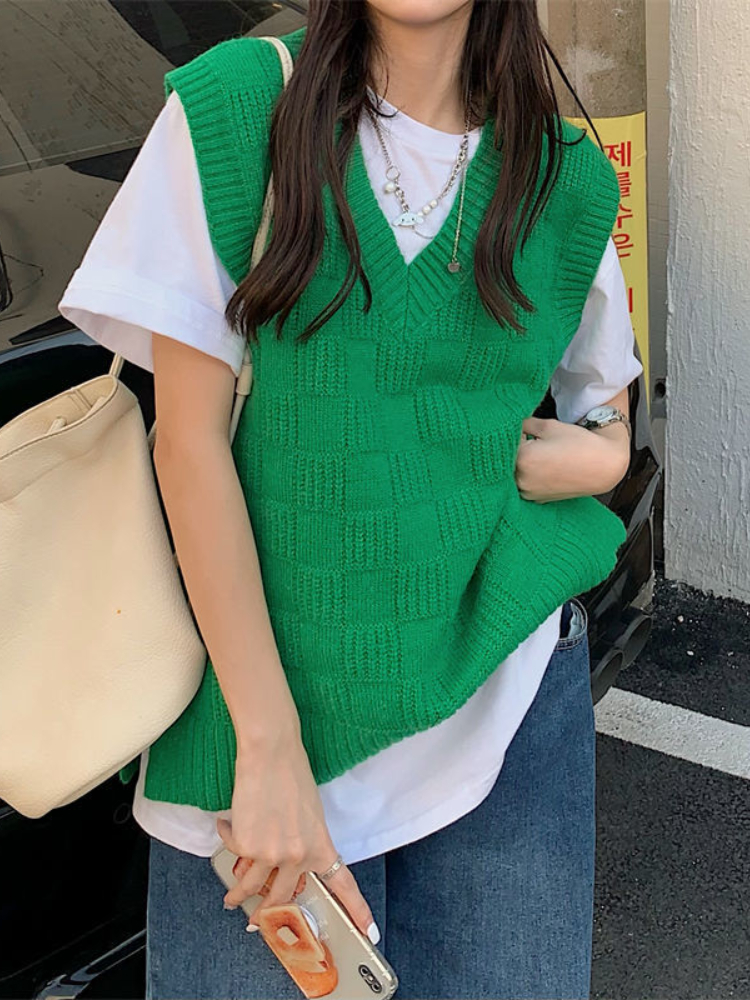 Sweater Vest Women Green Fashion Preppy Style Knitted V-neck Clothes Loose All-match Lady Students Streetwear Chic Casual Female alx