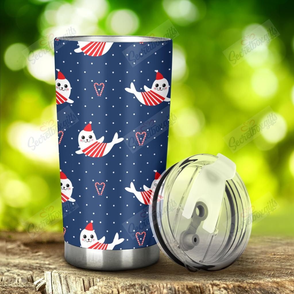 Personalized Cute Sea Lion Seal Christmas Hat Candy Cane Heart Pattern Nc1211368Cl Stainless Steel Tumbler Travel Customize Name, Text, Number, Image