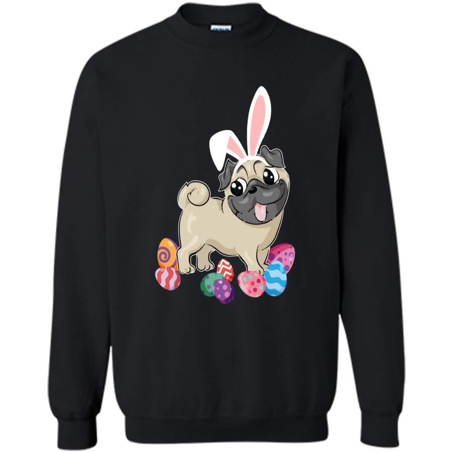 Cute Pug Dog With Bunny Hat Easter Eggs T-Shirt Happy Printed Crewneck Pullover Sweatshirt 8 oz