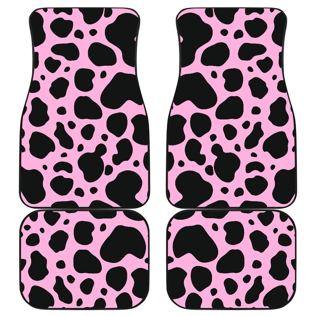 Black And Pink Cow Print Front And Back Car Floor Mats, Front Car Mat