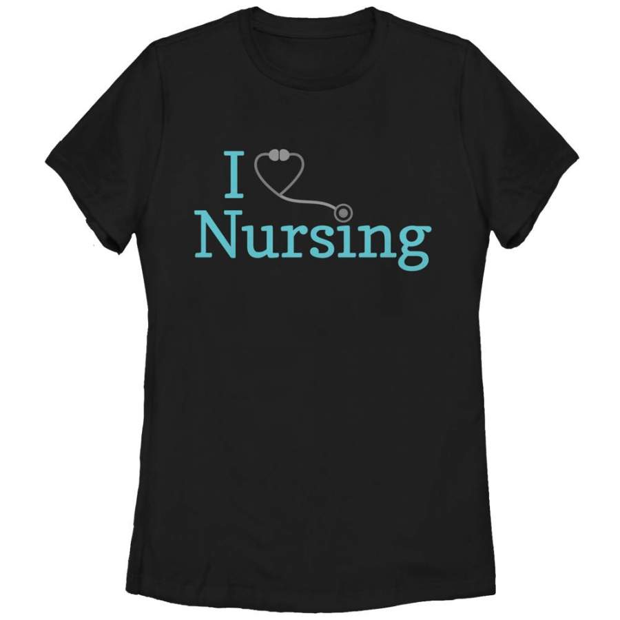 CHIN UP Women’s I Love Nursing Stethoscope  T Shirt Black