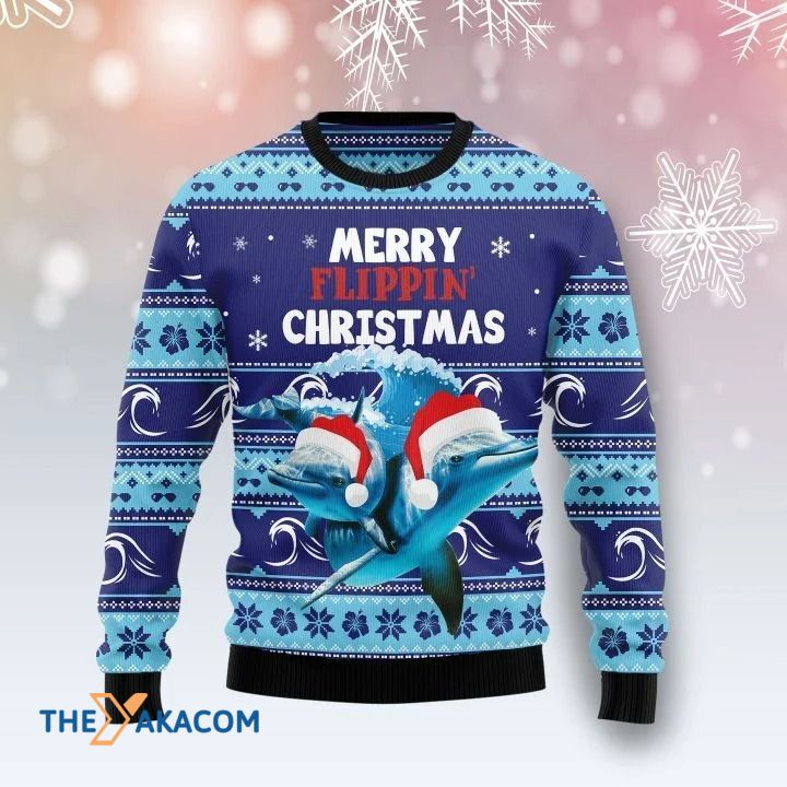 Lovely Dolphin In Ocean Merry Flippin’ Christmas Gift For Christmas Ugly Christmas Sweater