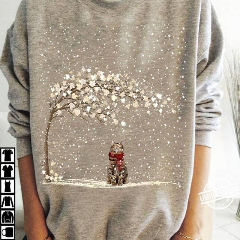 Alone Cats Wearing Bows Snow Trees Winter Best Gifts For Animals Lovers Sport Grey Sweatshirt S-5Xl