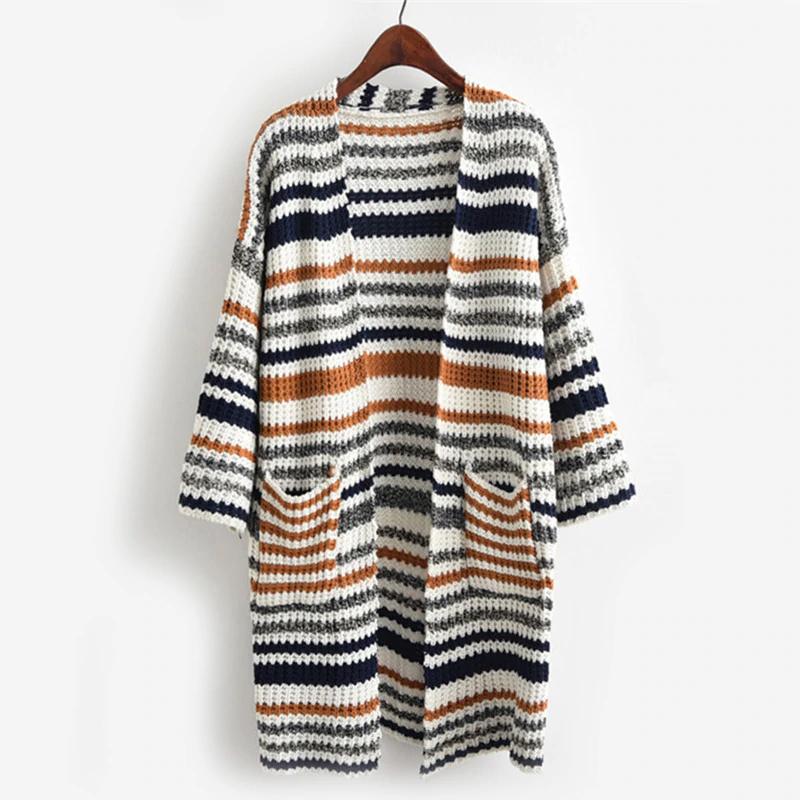 Striped Textured Knit Longline Cardigan Sweater