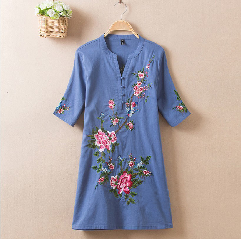 Summer Womens Tops and blouses 2021 Embroidery Vintage Print Floral Linen Blouses Short Sleeve V-Neck Shirt Blouse Plus size alx