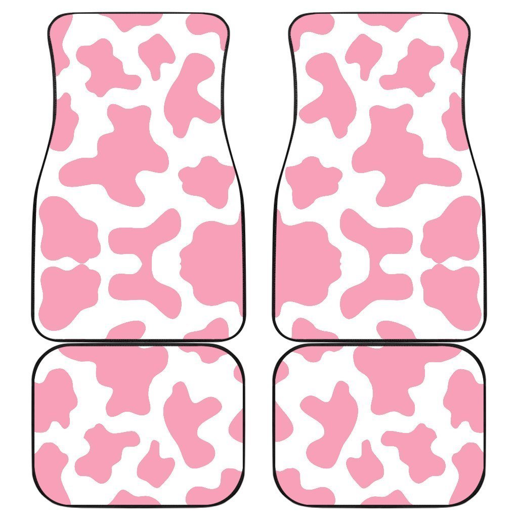 Pastel Pink And White Cow Print Front And Back Car Floor Mats, Front Car Mat