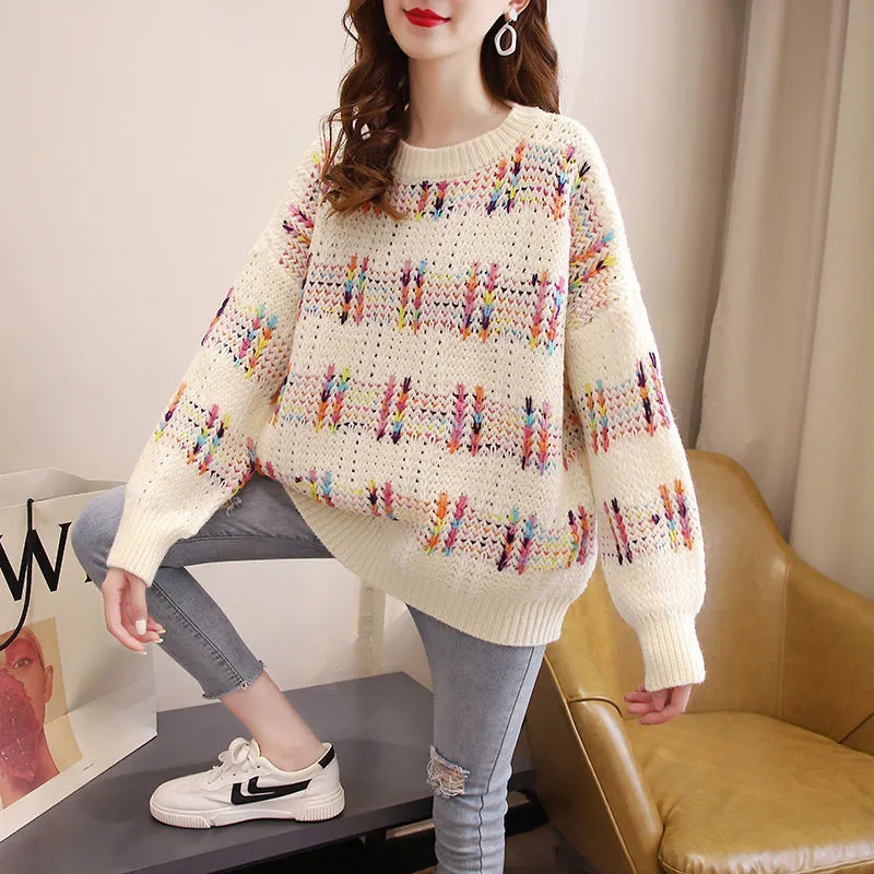 2022 Autumn Winter Sweaters Women Lazy Oaf Plus Size Loose Pullover Sweaters Knitted Jumper Women Fashion Striped Knitwear alx