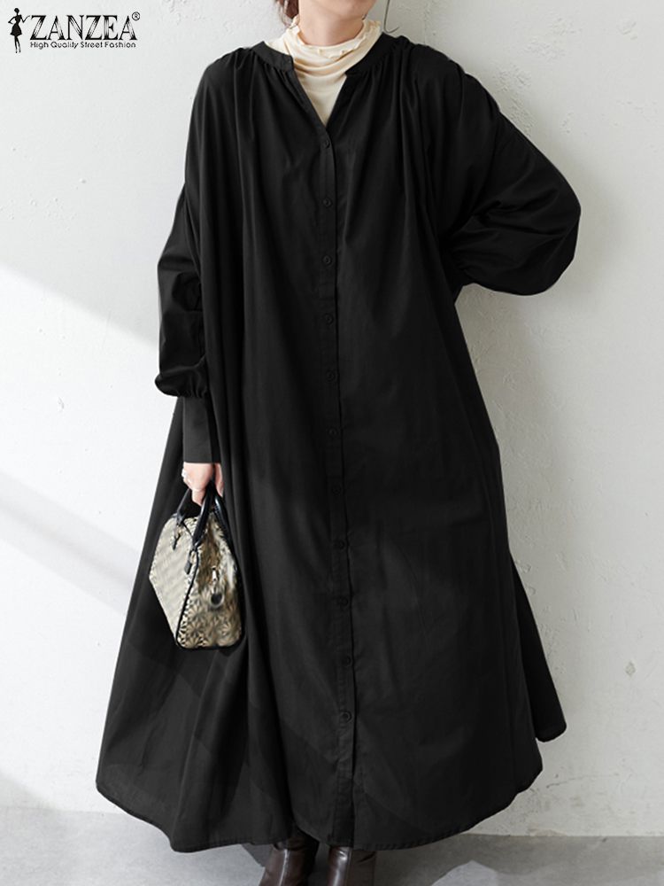 ZANZEA Oversize Autumn Sundress Fashion Women Long Sleeve Solid Kaftan Maxi Long Vestidos 2022 Casual Loose Dress Robe Femme alx