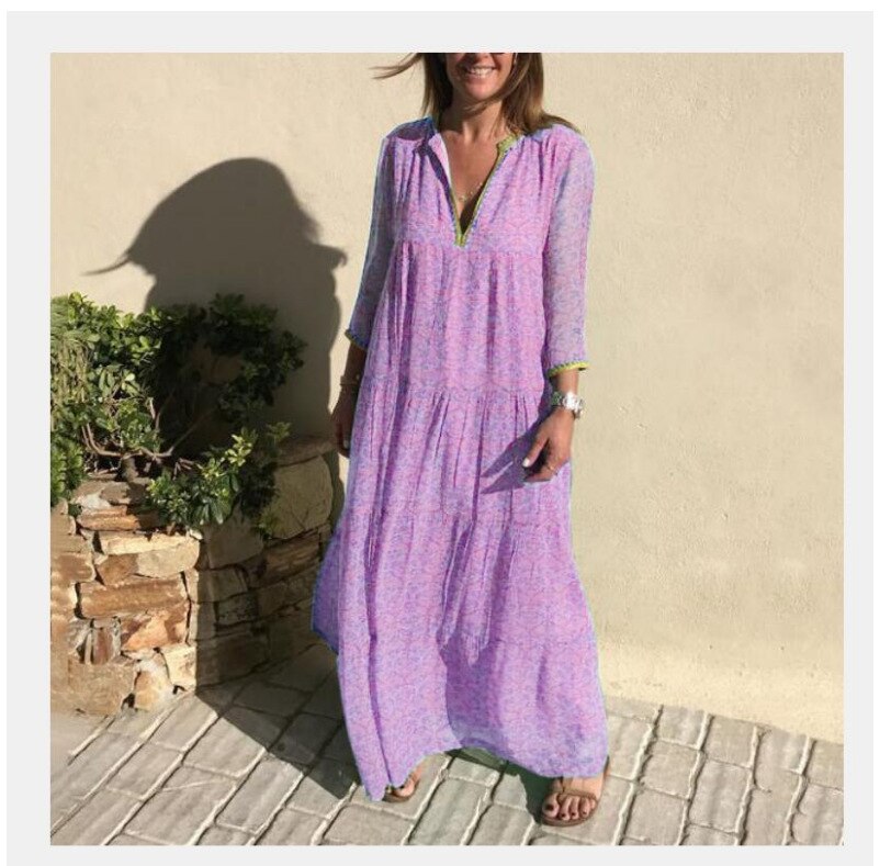 Women’s Long Sleeve Bohemian Maxi Dresses Summer Ruffle Vintage Elegant Retro Boho Floral Large Size V-Neck Dress Vestidos alx