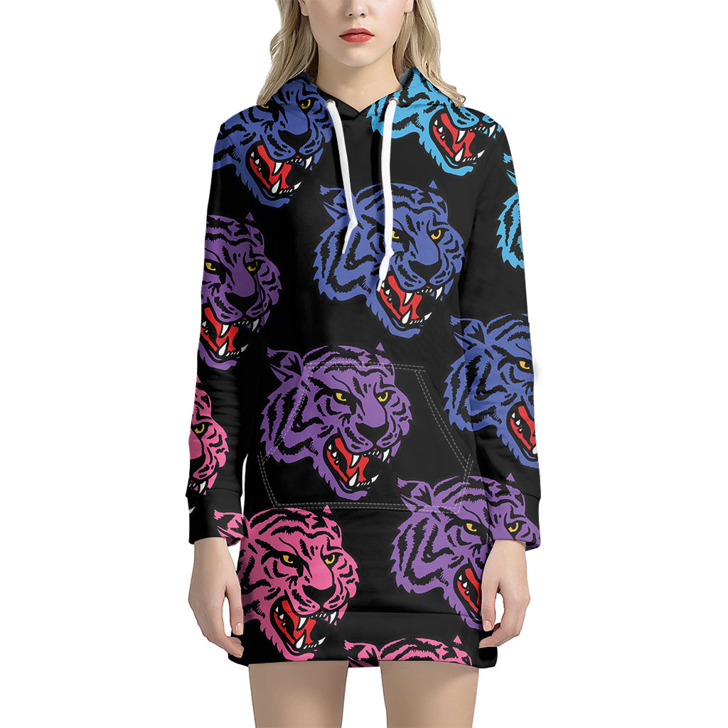 Colorful Tiger Head Pattern Print Women’S Pullover Hoodie Dress