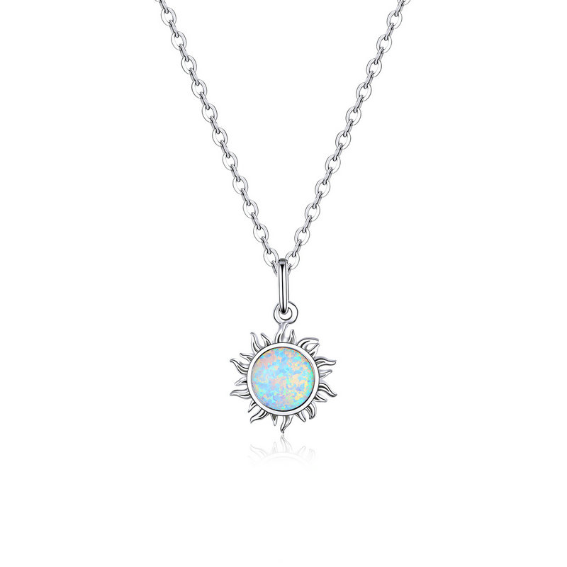 Bamoer 925 Sterling Silver White Opal Sun Pendant Necklace Apollo Chain Necklaces for Women Birthday Gift Jewelry 17.71” alx