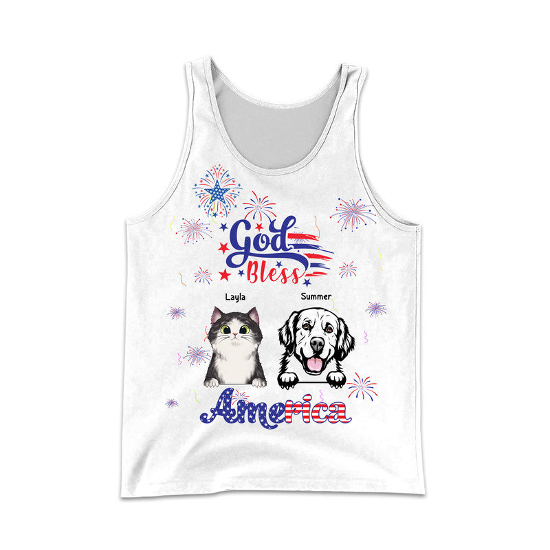 (Custom Personalised) 4Th Of July – God Bless Usa Men Tank Top Pets With Fireworks – White Lt8