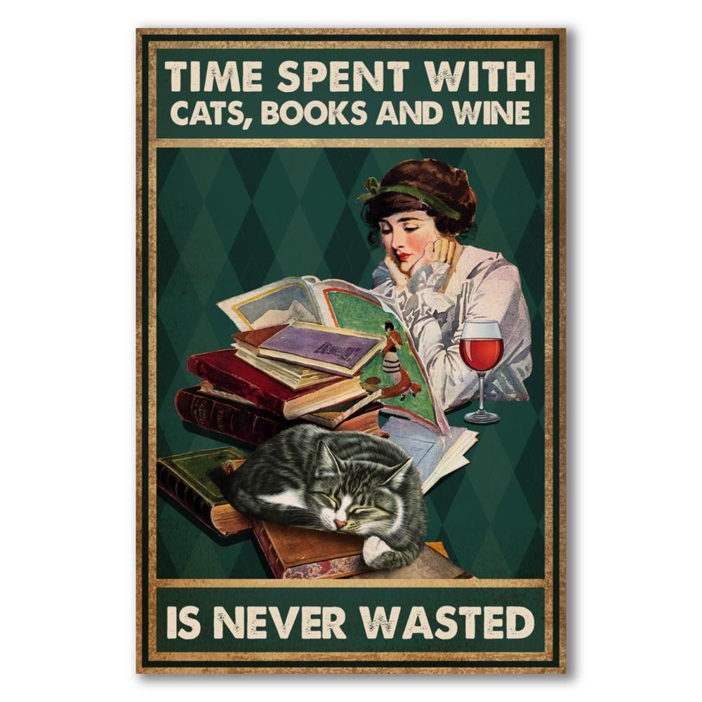 Time Spent With Cats, Books And Wine Is Never Wasted Canvas And Poster, Canvas Prints, My Poster Wall, Canvas Wall Art, Wall Decor Visual Art, Halloween Gift, Happy Halloween