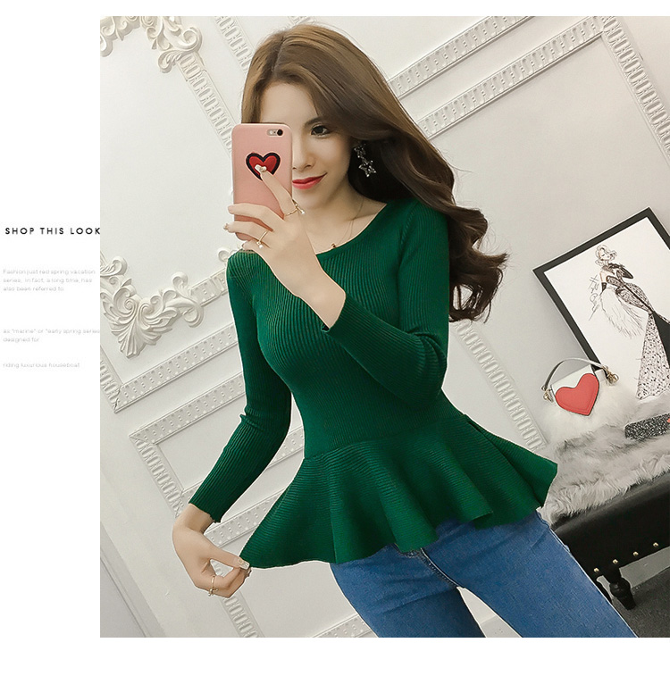 2019 Basic Pullovers Sweaters Hot Women Ruffled Long Sleeve Slim Bodysuit Top Gray Green Black Red Peplum Top Knit Sweater J303 alx