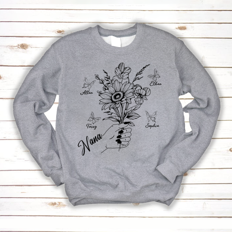 Grandma Hands Holding Flower Butterfly Sweatshirt