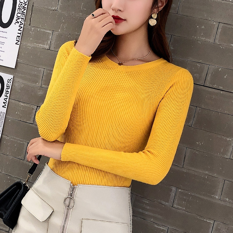 2022 Winter To Spring Women Crew Neck Knit Striped Pull Sweater Slim Stretchable Femme Korean Pullover Jumper Clothes Jersey Top alx