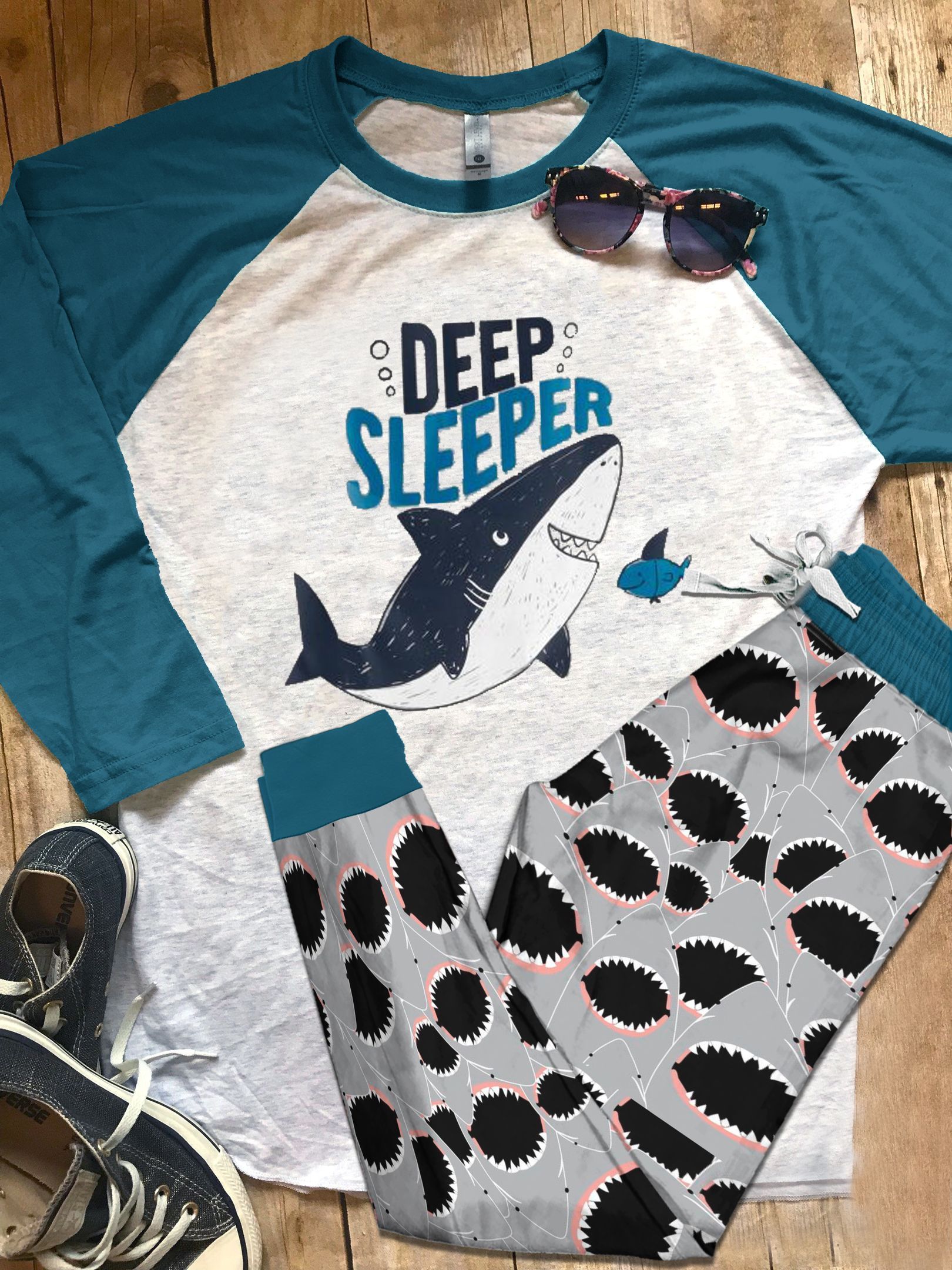 Shark DHC05012639TH Adult Raglan Shirt And Pajamas Pant Set Pjs Sleepwear For Women