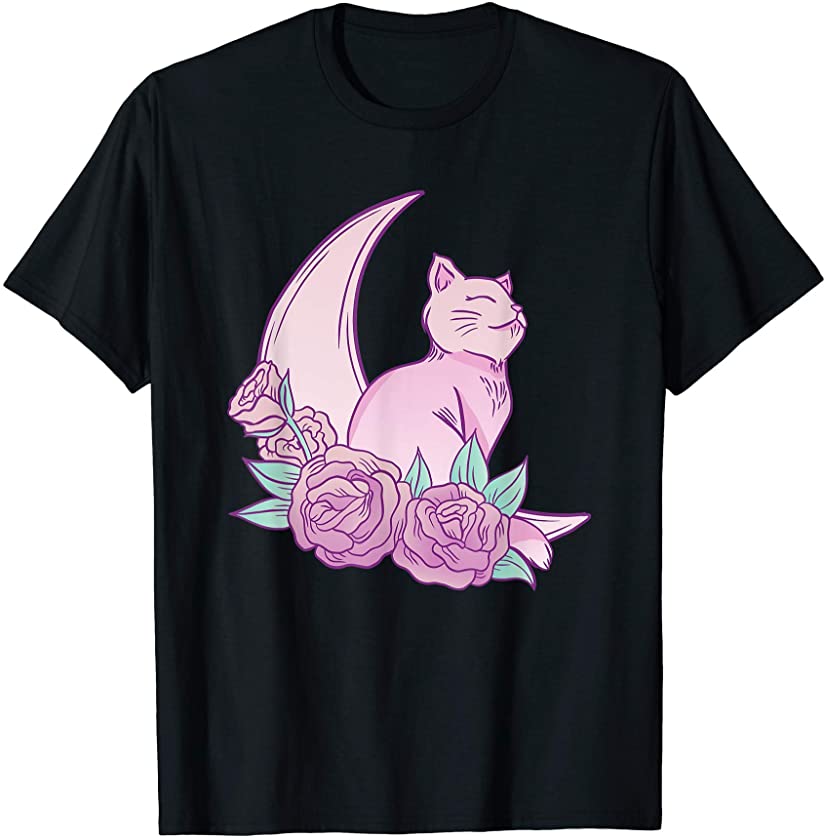 Cat Moon Roses Pastel Goth Aesthetic Kawaii Teen Girls Women T-Shirt