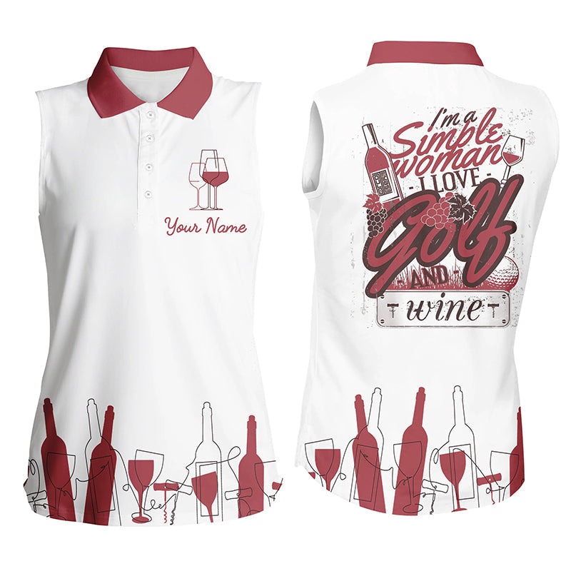 Funny Pink Womens Sleeveless Polo Shirt Custom Name I’M A Simple Woman I Love Golf And Wine