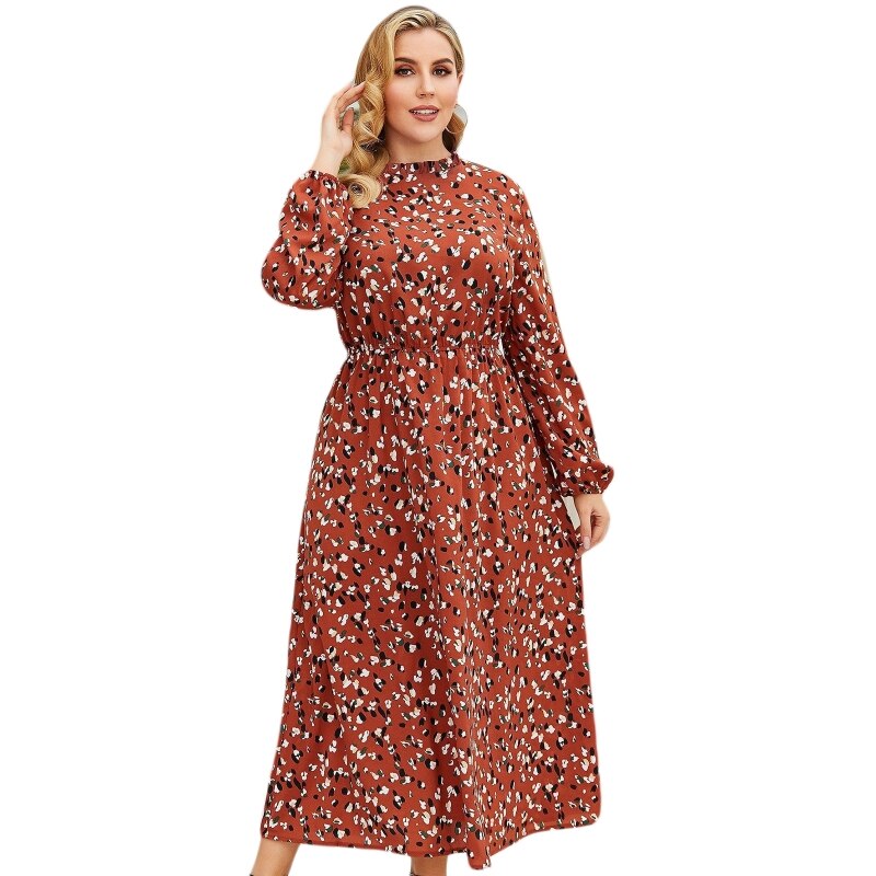 Women’s Floral Print Dress Plus Size Long Dress Chic Elastic Waist Dress Long Sleeves Party Dress A-line Holiday Dress alx