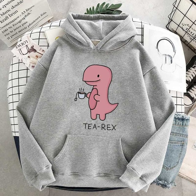 Pink Dinosaur Print Casual Sweatshirt Green Women Cute Pink Dinosaur Hoodie