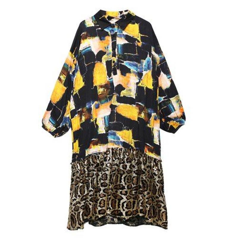 New Fashion Cotton Casual Loose Pluz Size Long Sleeve Leopard Dresses