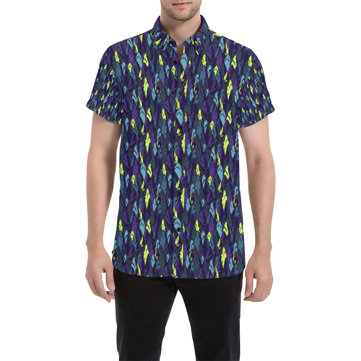 Shark Neon Color Print Men Button Up Shirt