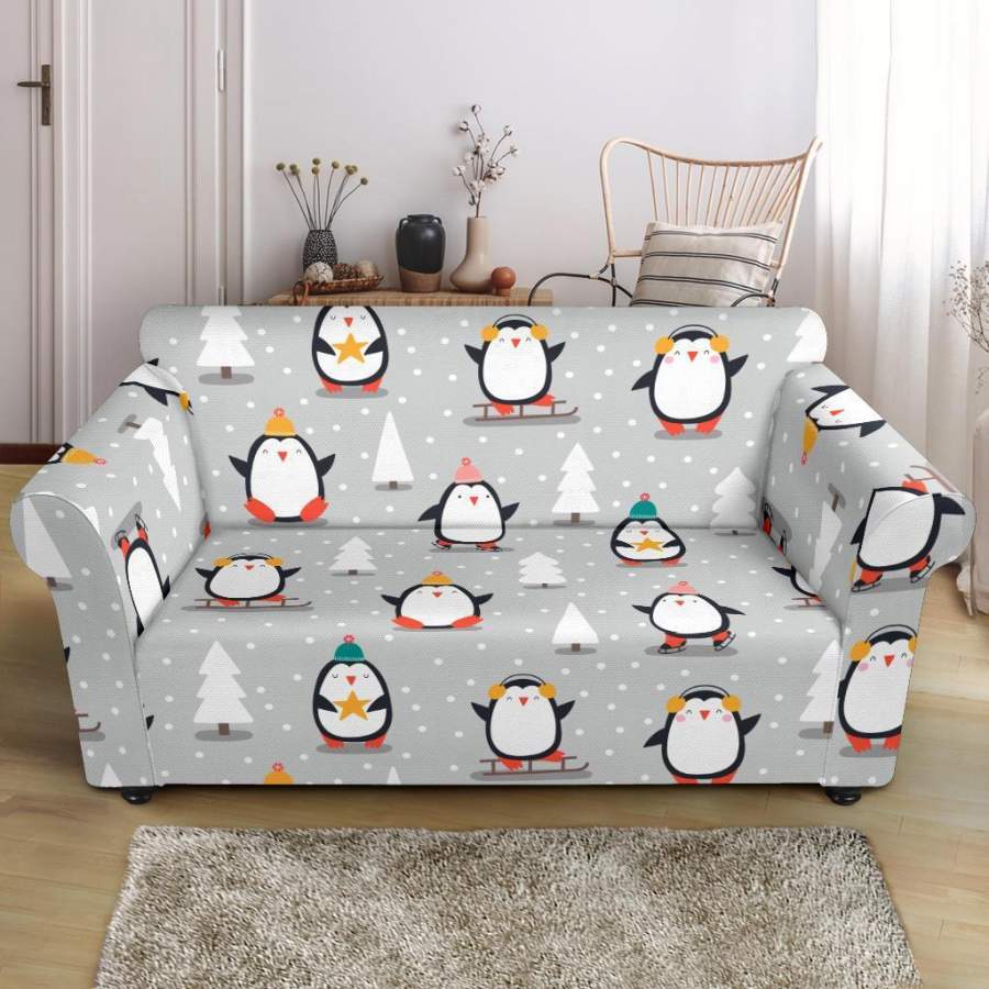 Christmas Tree Penguin Pattern Print Loveseat Cover